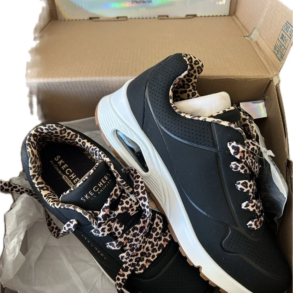 Girls Skechers Uno Sneakers black/leopard sz 3 *new* - Picture 2 of 4